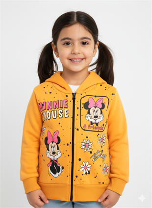 1763- Karakter Baskılı Kapüşonlu Kız Çocuk Hırkası -Sarı