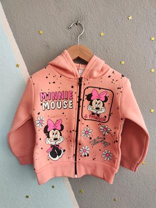 1763- Karakter Baskılı Kapüşonlu Kız Çocuk Hırkası -Somon