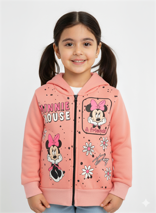 1763- Karakter Baskılı Kapüşonlu Kız Çocuk Hırkası -Somon