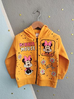 1763- Karakter Baskılı Kapüşonlu Kız Çocuk Hırkası -Sarı