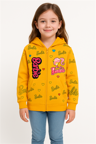 1764 - Karakter Desenli Kapüşonlu Kız Çocuk Hırkası - sarı