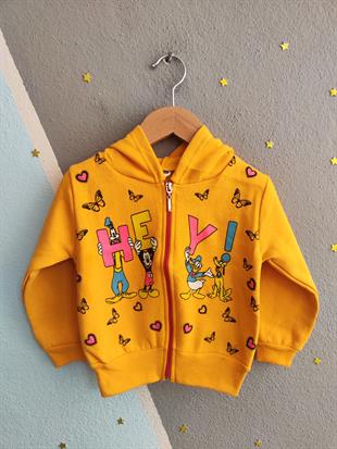 1765 - Karakter Baskılı Kapüşonlu Kız Çocuk Hırkası - Sarı