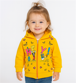 1765 - Karakter Baskılı Kapüşonlu Kız Çocuk Hırkası - Sarı