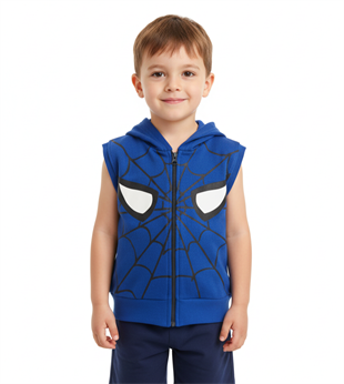 1768 - Örümcek Baskılı Kapüşonlu Erkek Yelek - Saks