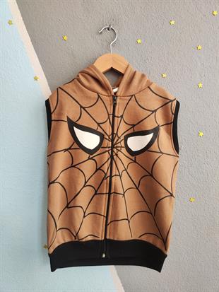 1768 - Örümcek Baskılı Kapüşonlu Erkek Yelek - Kahve