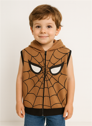 1768 - Örümcek Baskılı Kapüşonlu Erkek Yelek - Kahve