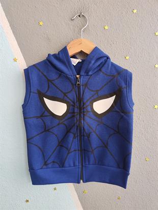 1768 - Örümcek Baskılı Kapüşonlu Erkek Yelek - Saks