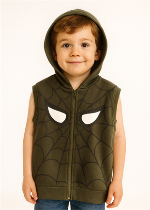 1768 - Örümcek Baskılı Kapüşonlu Erkek Yelek - Haki