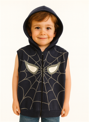 1768 - Örümcek Baskılı Kapüşonlu Erkek Yelek - Lacivert