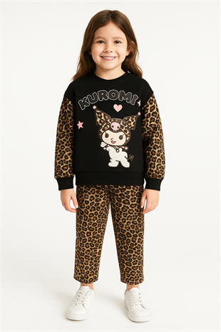 1770 -leopar desen karakter baskılı kız çocuk takımı - Siyah