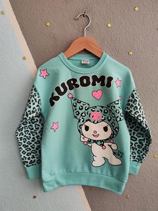 1770 -leopar desen karakter baskılı kız çocuk takımı - Su yeşili