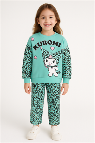 1770 -leopar desen karakter baskılı kız çocuk takımı - Su yeşili