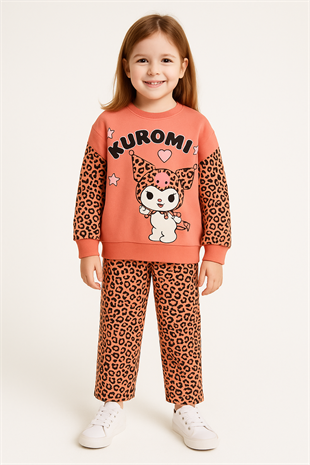 1770 -leopar desen karakter baskılı kız çocuk takımı - Somon