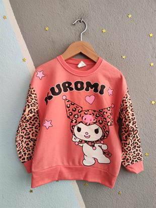1770 -leopar desen karakter baskılı kız çocuk takımı - Somon