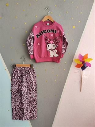 1770 -leopar desen karakter baskılı kız çocuk takımı - Vişne