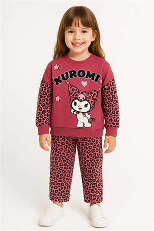 1770 -leopar desen karakter baskılı kız çocuk takımı - Vişne