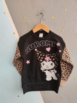 1770 -leopar desen karakter baskılı kız çocuk takımı - Siyah