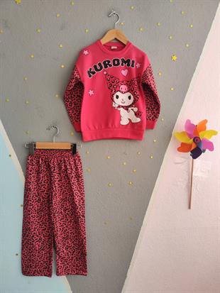 1770 -leopar desen karakter baskılı kız çocuk takımı - Fuşya