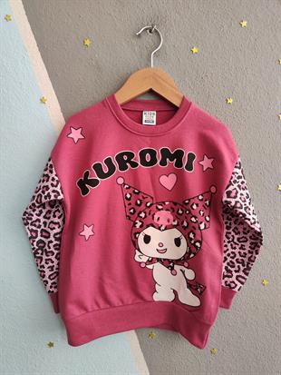 1770 -leopar desen karakter baskılı kız çocuk takımı - Vişne