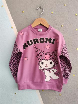 1770 -leopar desen karakter baskılı kız çocuk takımı - Lila