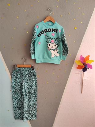 1770 -leopar desen karakter baskılı kız çocuk takımı - Su yeşili
