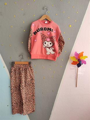1770 -leopar desen karakter baskılı kız çocuk takımı - Somon