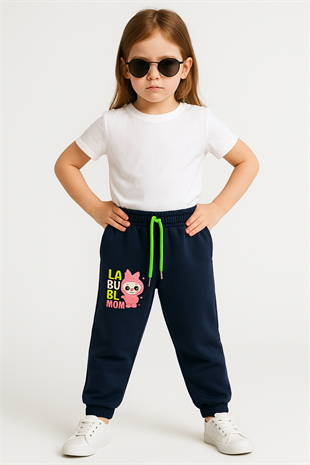 1772 - Paçası büzgülü karakter baskılı kız eşofman altı - Lacivert