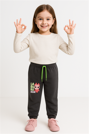 1772 - Paçası büzgülü karakter baskılı kız eşofman altı - Füme