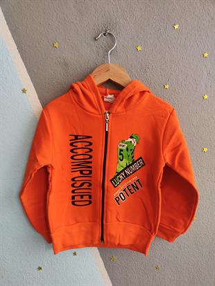 1784- Şapkalı Adam Baskılı Kapüşonlu Erkek  Çocuk Hırkası - Turuncu