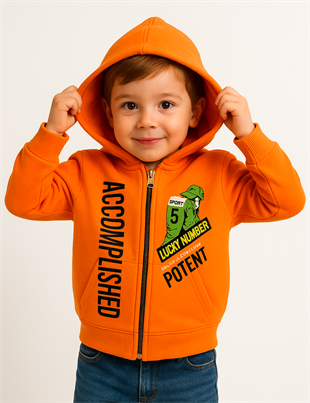 1784- Şapkalı Adam Baskılı Kapüşonlu Erkek  Çocuk Hırkası - Turuncu