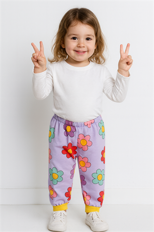 1790 - Papatya Baskılı Kız Eşofman Altı - Lila