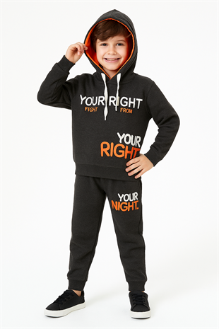 1796 - Your Right Baskılı Kapüşonlu Erkek Takım - Füme