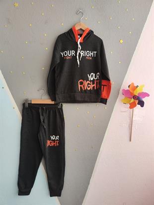 1796 - Your Right Baskılı Kapüşonlu Erkek Takım - Füme