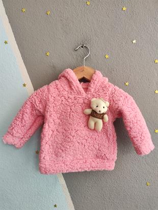 1811 - Ayıcıklı Kapüşonlu Peluş Kız Bebek Takımı - Toz Pembe