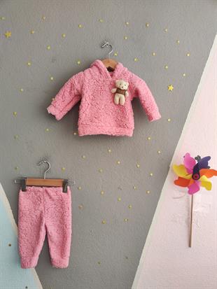 1811 - Ayıcıklı Kapüşonlu Peluş Kız Bebek Takımı - Toz Pembe