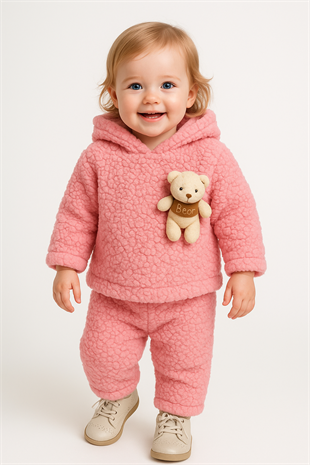 1811 - Ayıcıklı Kapüşonlu Peluş Kız Bebek Takımı - Toz Pembe