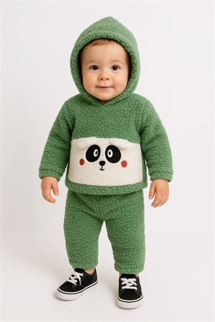 1813 - Kulaklı Hayvan Baskılı Kapüşonlu Peluş Erkek Bebek Takımı - Yeşil