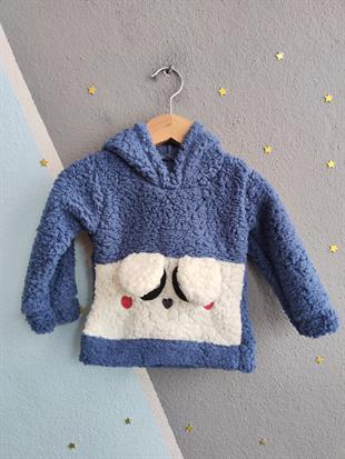 1813 - Kulaklı Hayvan Baskılı Kapüşonlu Peluş Erkek Bebek Takımı - Lacivert