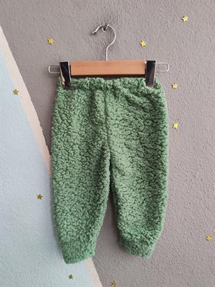 1813 - Kulaklı Hayvan Baskılı Kapüşonlu Peluş Erkek Bebek Takımı - Yeşil