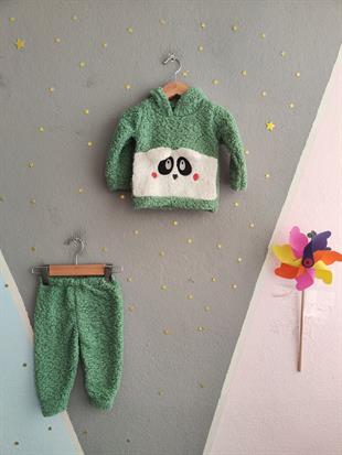 1813 - Kulaklı Hayvan Baskılı Kapüşonlu Peluş Erkek Bebek Takımı - Yeşil