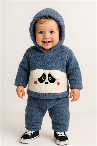 1813 - Kulaklı Hayvan Baskılı Kapüşonlu Peluş Erkek Bebek Takımı - Lacivert