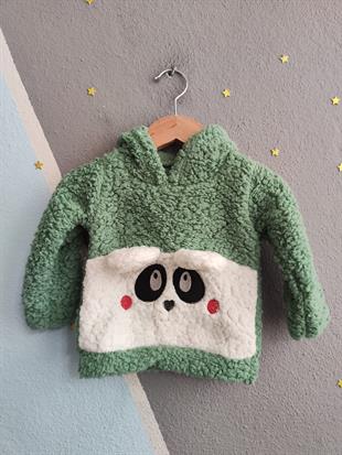 1813 - Kulaklı Hayvan Baskılı Kapüşonlu Peluş Erkek Bebek Takımı - Yeşil