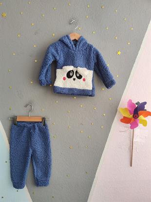 1813 - Kulaklı Hayvan Baskılı Kapüşonlu Peluş Erkek Bebek Takımı - Lacivert