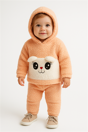 1814 - Kulaklı Hayvan Baskılı Kapüşonlu Peluş Kız Bebek Takımı - Somon