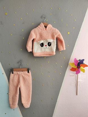 1814 - Kulaklı Hayvan Baskılı Kapüşonlu Peluş Kız Bebek Takımı - Somon