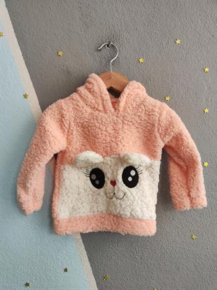 1814 - Kulaklı Hayvan Baskılı Kapüşonlu Peluş Kız Bebek Takımı - Somon