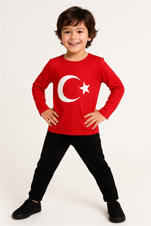 1819 - Bayrak Baskılı Sweatshirt  - Kırmızı