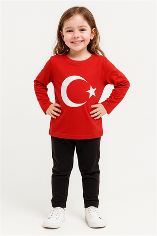1819 - Bayrak Baskılı Sweatshirt  - Kırmızı