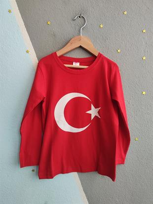 1819 - Bayrak Baskılı Sweatshirt  - Kırmızı