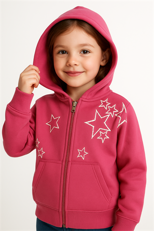 1831 - Yıldız Desenli Kapüşonlu Kız Çocuk Hırkası - Şarabi